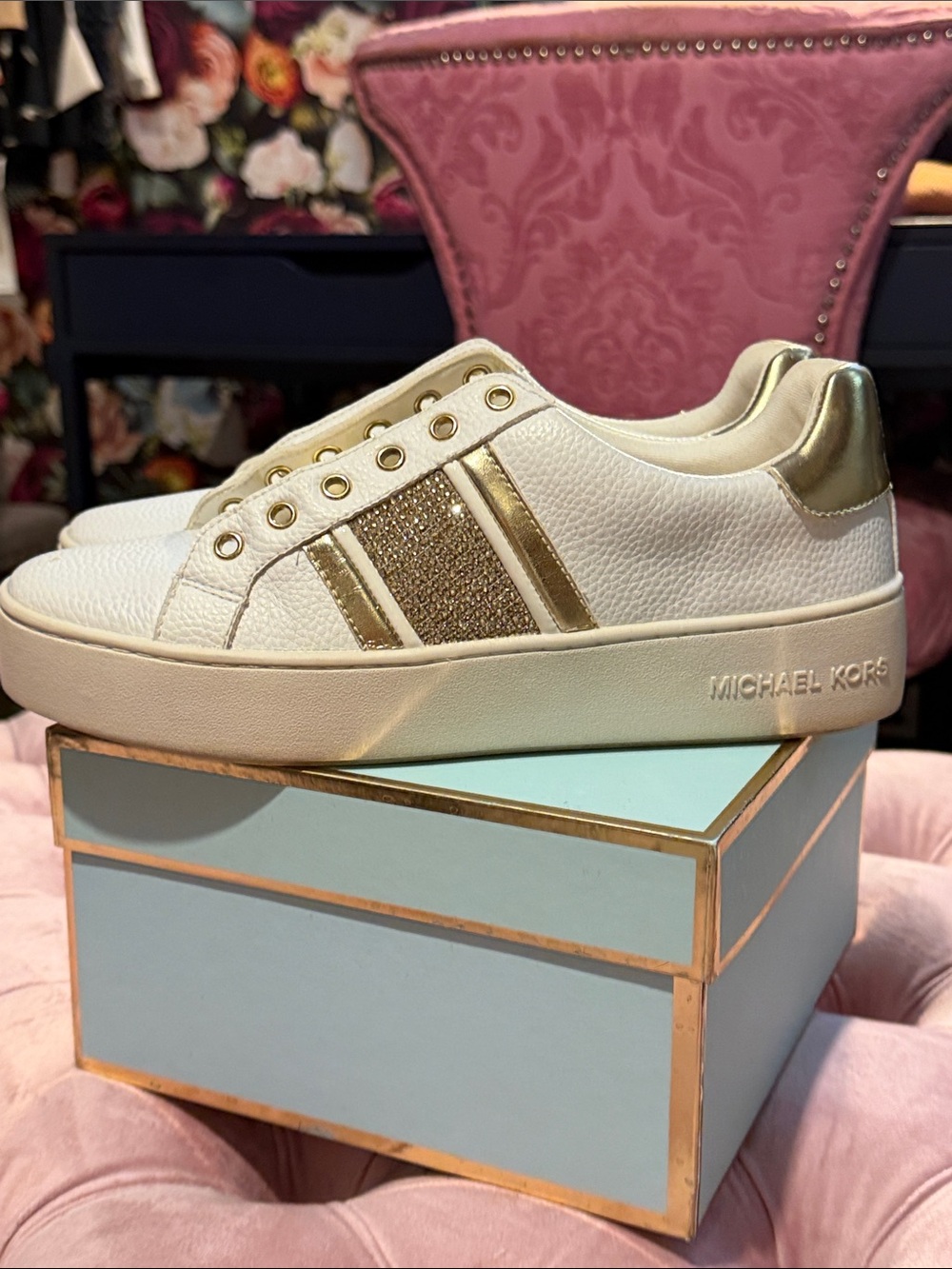 Michael Kors White Sneakers with Gold Glitter Accents in size 9 1/2